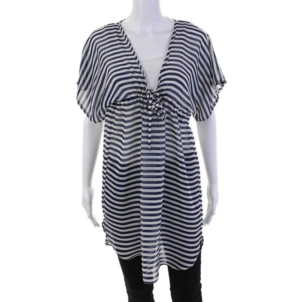 Josa Tulum Womens Short Sleeve Striped Long Sheer Tunic Top Blue Size M